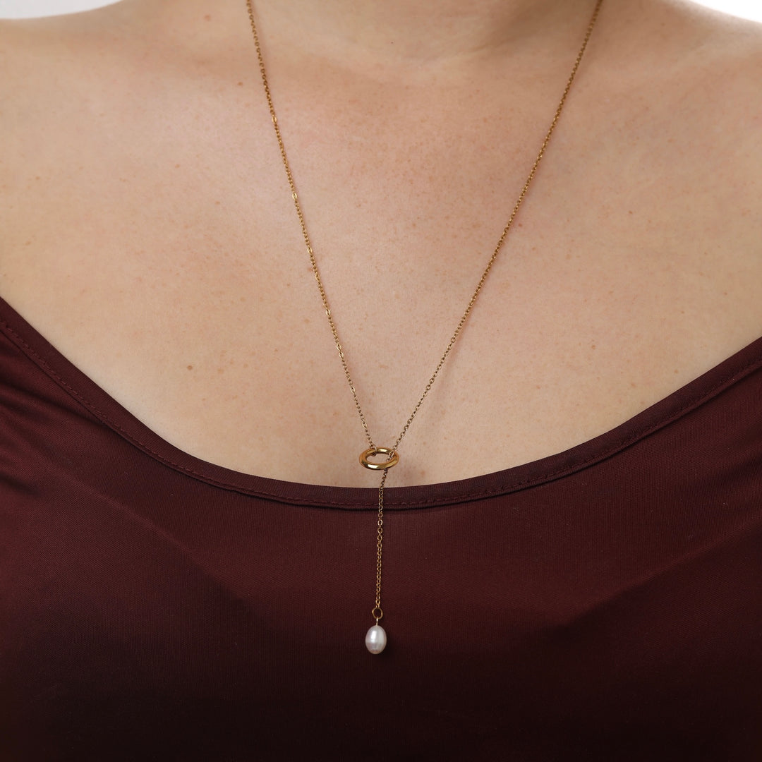 Boel - Collana Lariat con Perla in Acciaio Inossidabile