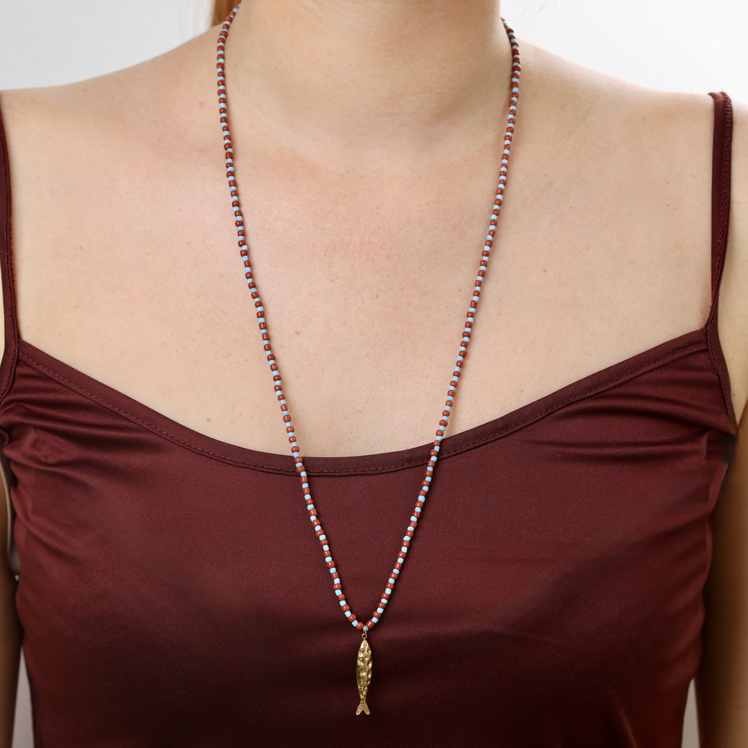 Ara - Collana con Perline a Forma di Pesce in Acciaio Inossidabile
