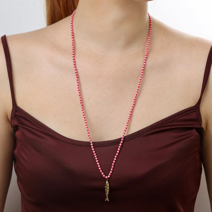 Ara - Collana con Perline a Forma di Pesce in Acciaio Inossidabile