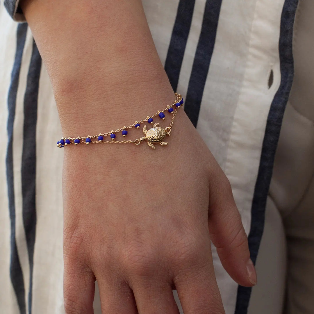 Blue Bead Bracelet Gold