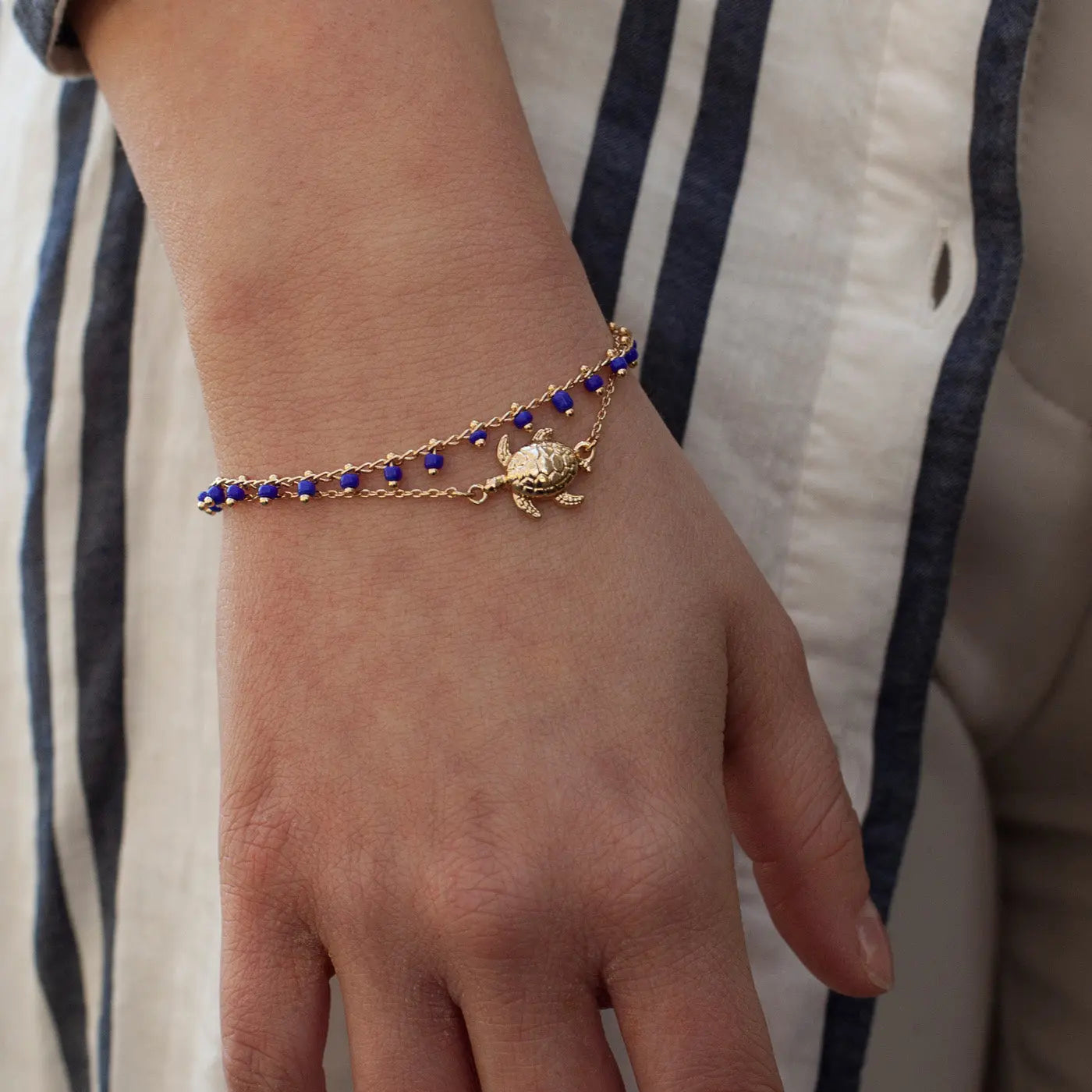 Blue Bead Bracelet Gold