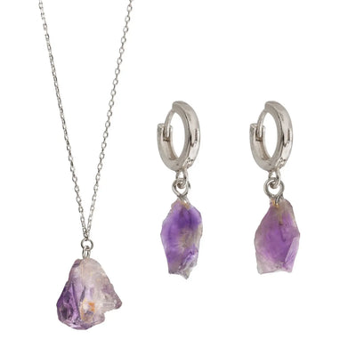 Semi Precious Stone Set with Necklace and Earrings - Silver