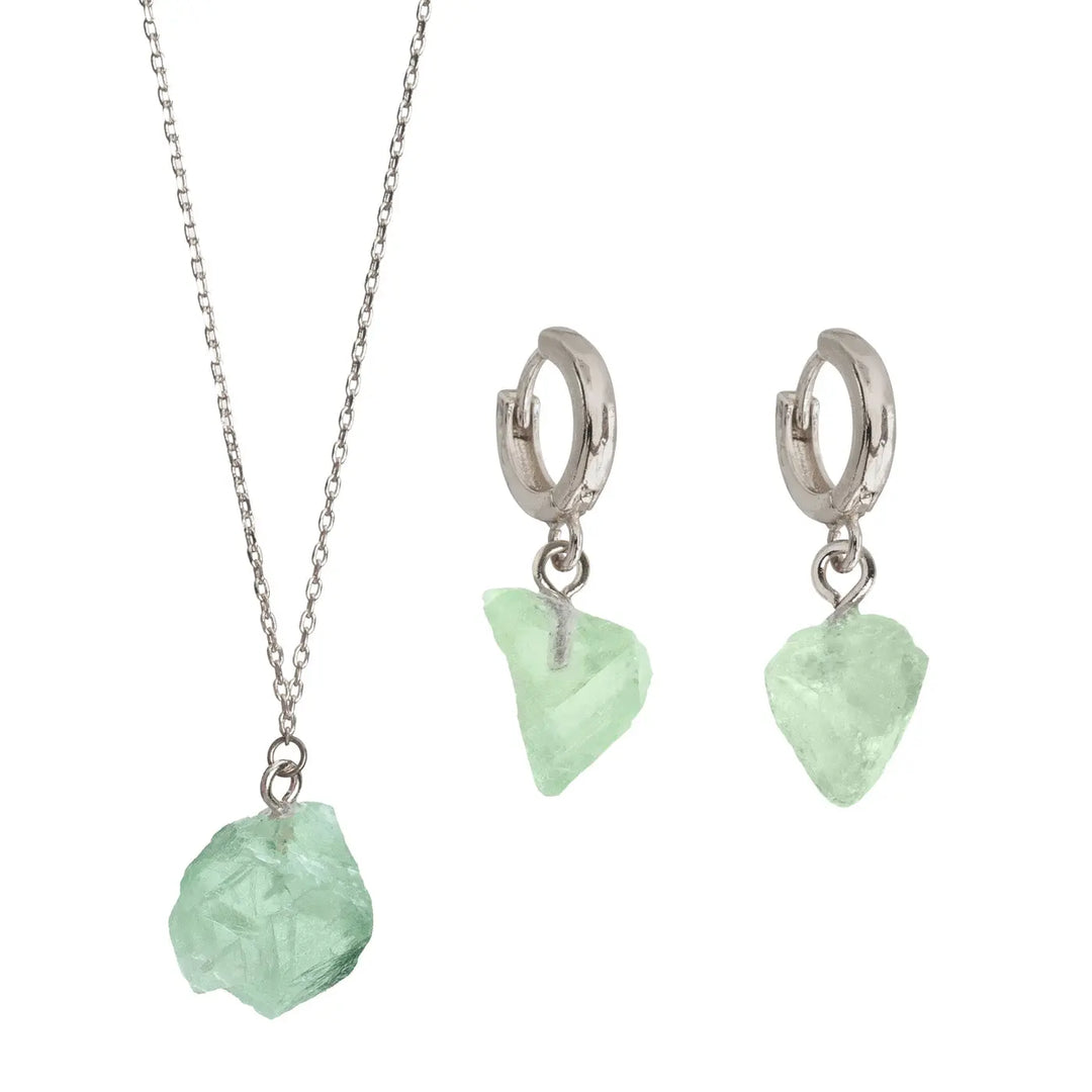 Semi Precious Stone Set with Necklace and Earrings - Silver