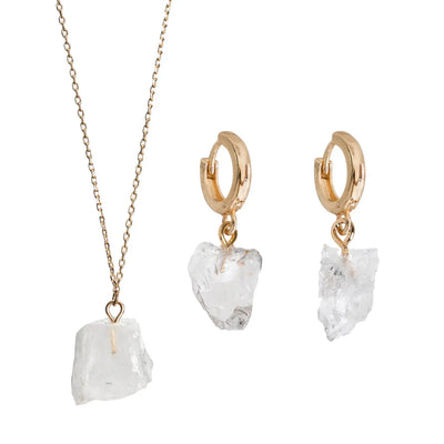 Semi Precious Stone Set with Necklace and Earrings - Gold